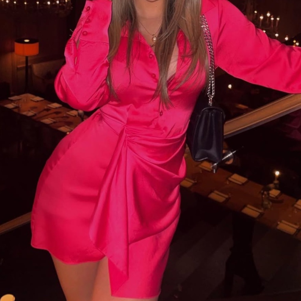 Red Long Sleeve Wrap Dress with Notched Collar